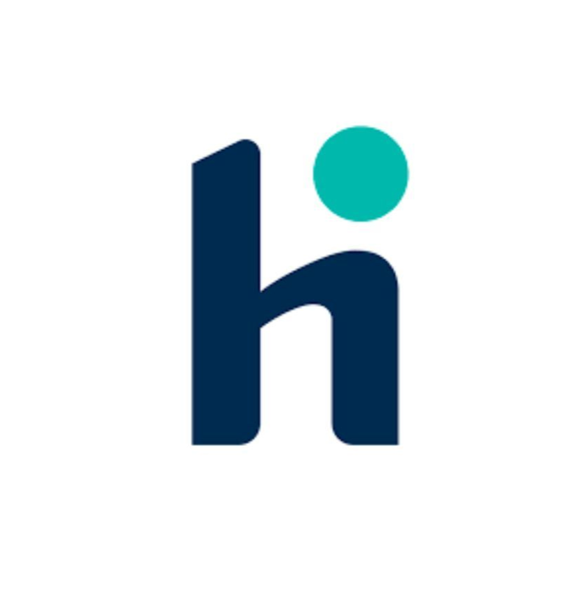 a blue letter h with a green circle in the middle on a white background .