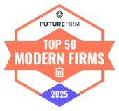 Badge: Future Firm Top 50 Modern Firms 2025. Orange, white, blue, and gray logo with a calculator icon.