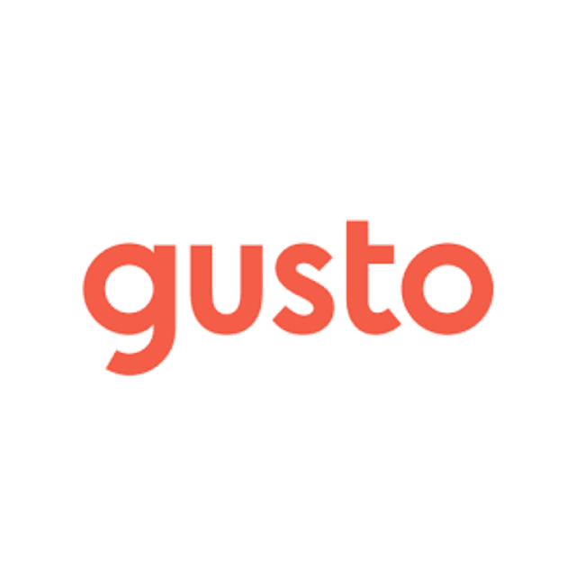 A red and white logo for gusto on a white background