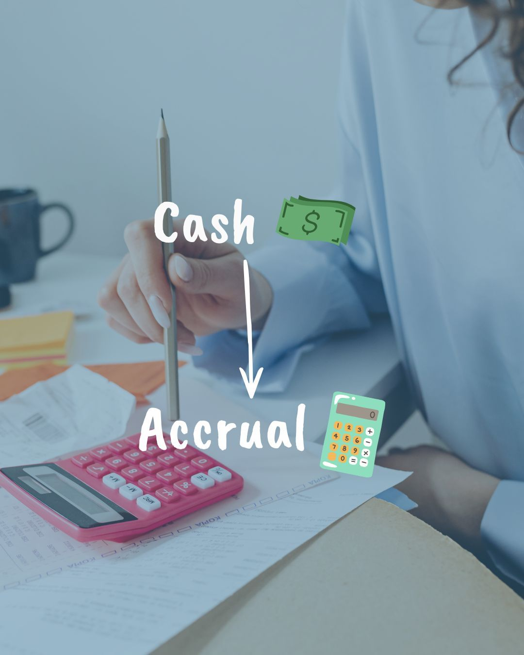 A person works at a desk with a calculator, with an arrow pointing from the word