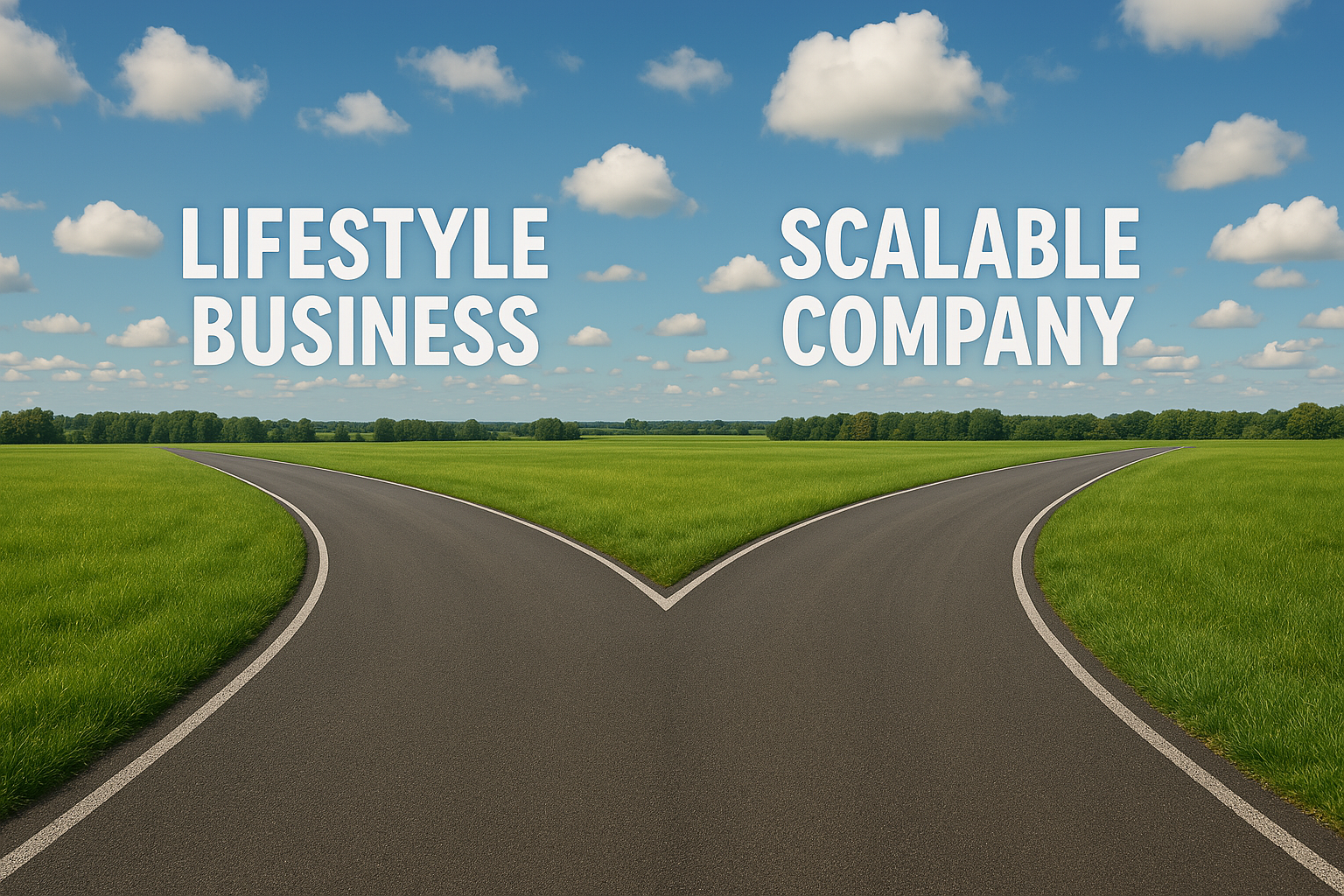 A road splits in half with the words lifestyle business and scalable company written on it