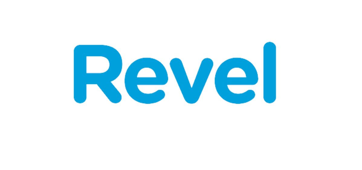 A blue and white logo for revel on a white background.