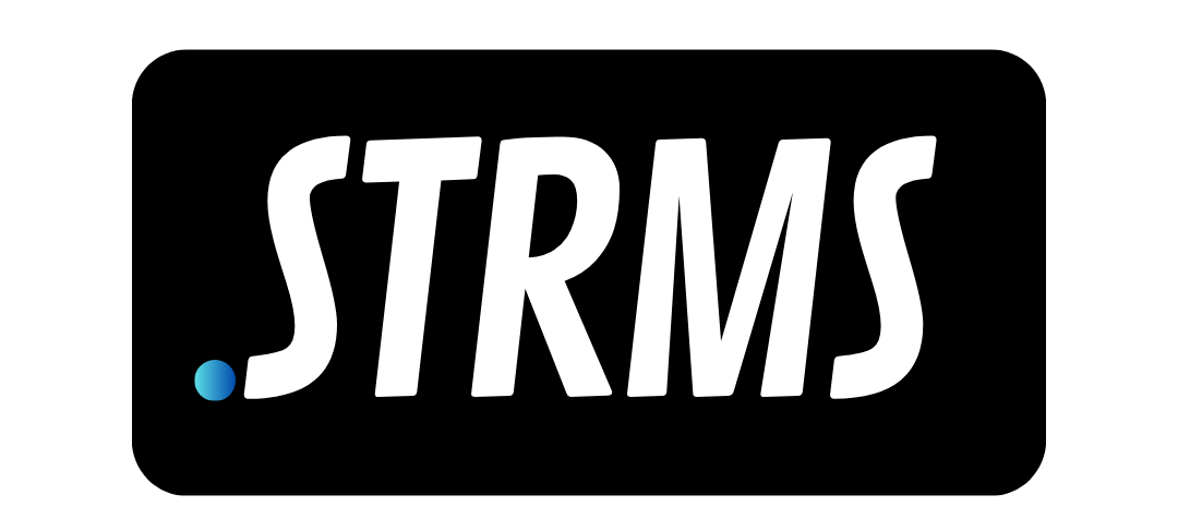 A black and white logo for strms on a white background
