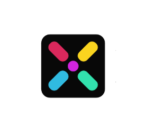Black rounded-square app icon with four colorful diagonal bars and a purple dot in the center