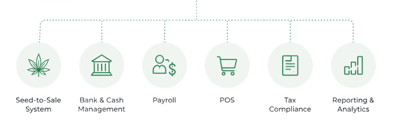 Six green icons labeled Seed to Sale, DM’s Cash Management, Payroll, POS, Tax Compliance, and Reporting & Analytics.