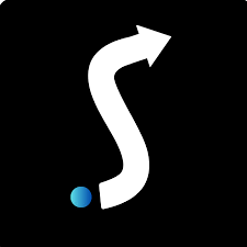 a white letter s with an arrow pointing upwards on a black background .