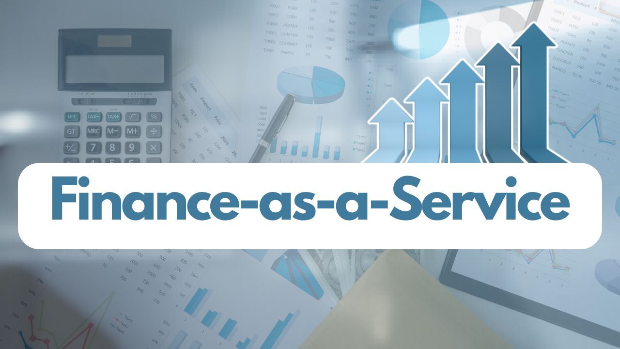 Finance-as-a-Service text over blue financial charts, calculator, and rising arrows