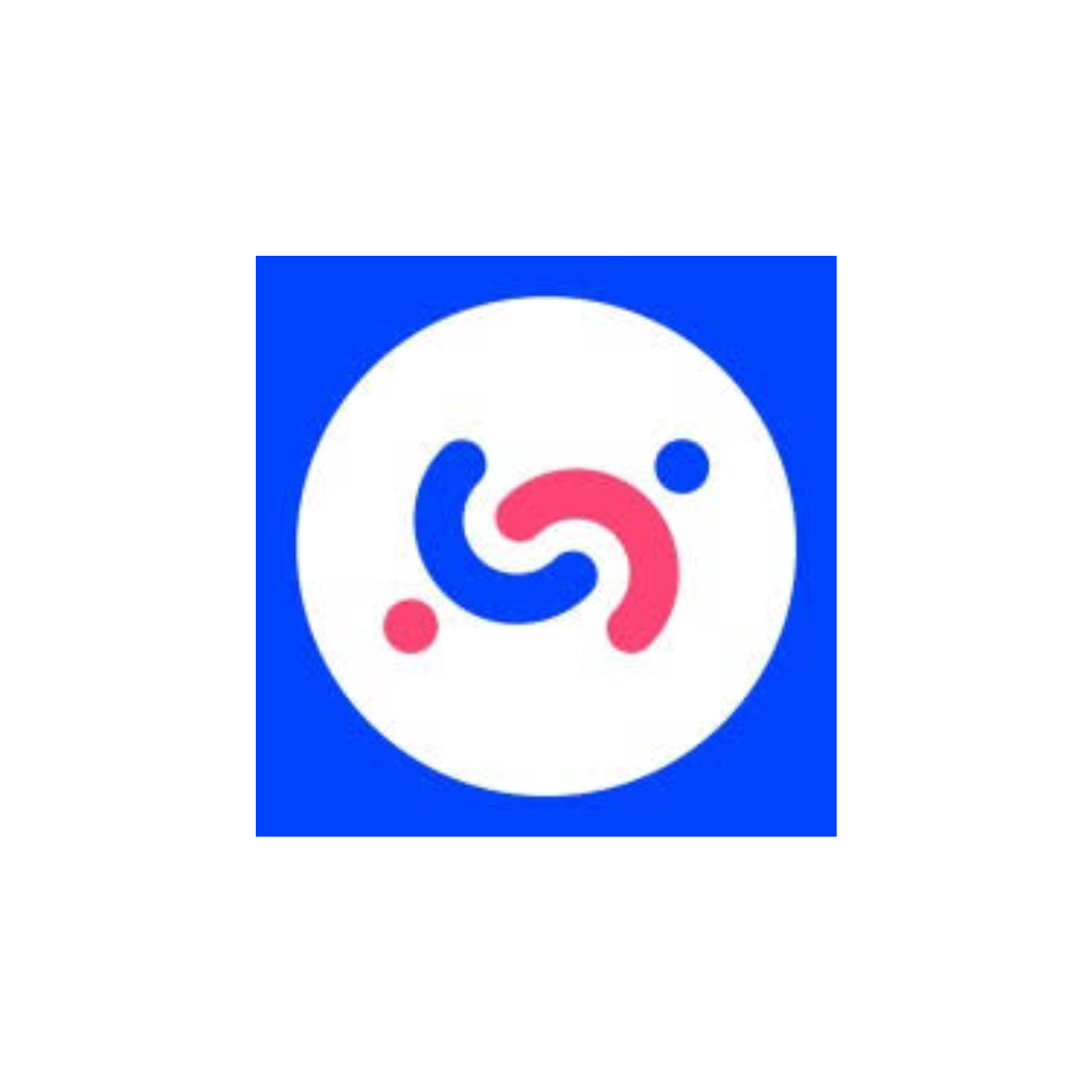 Blue square with a white circle featuring blue and pink curved shapes and dots, symbolizing connection.