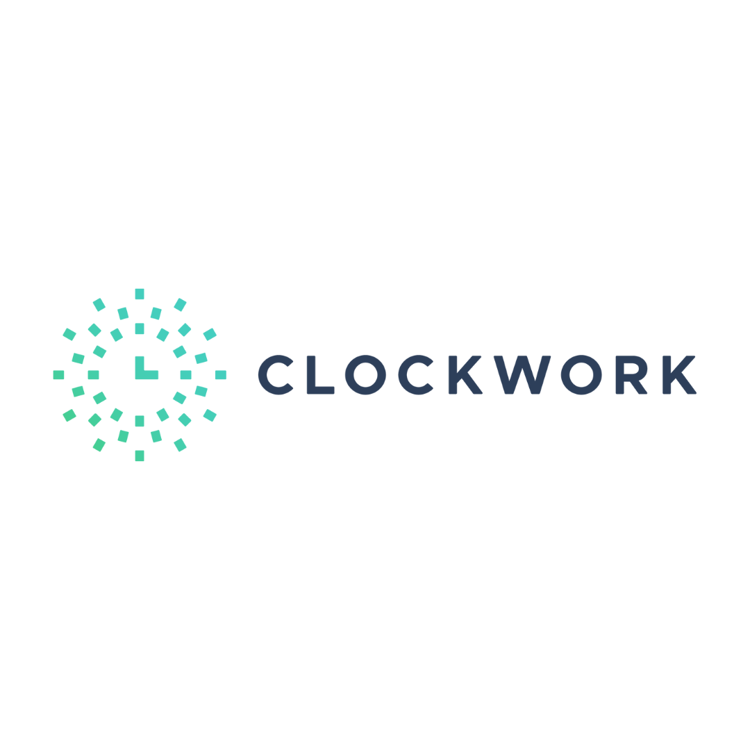 A logo for a company called clockwork with a clock in the middle.