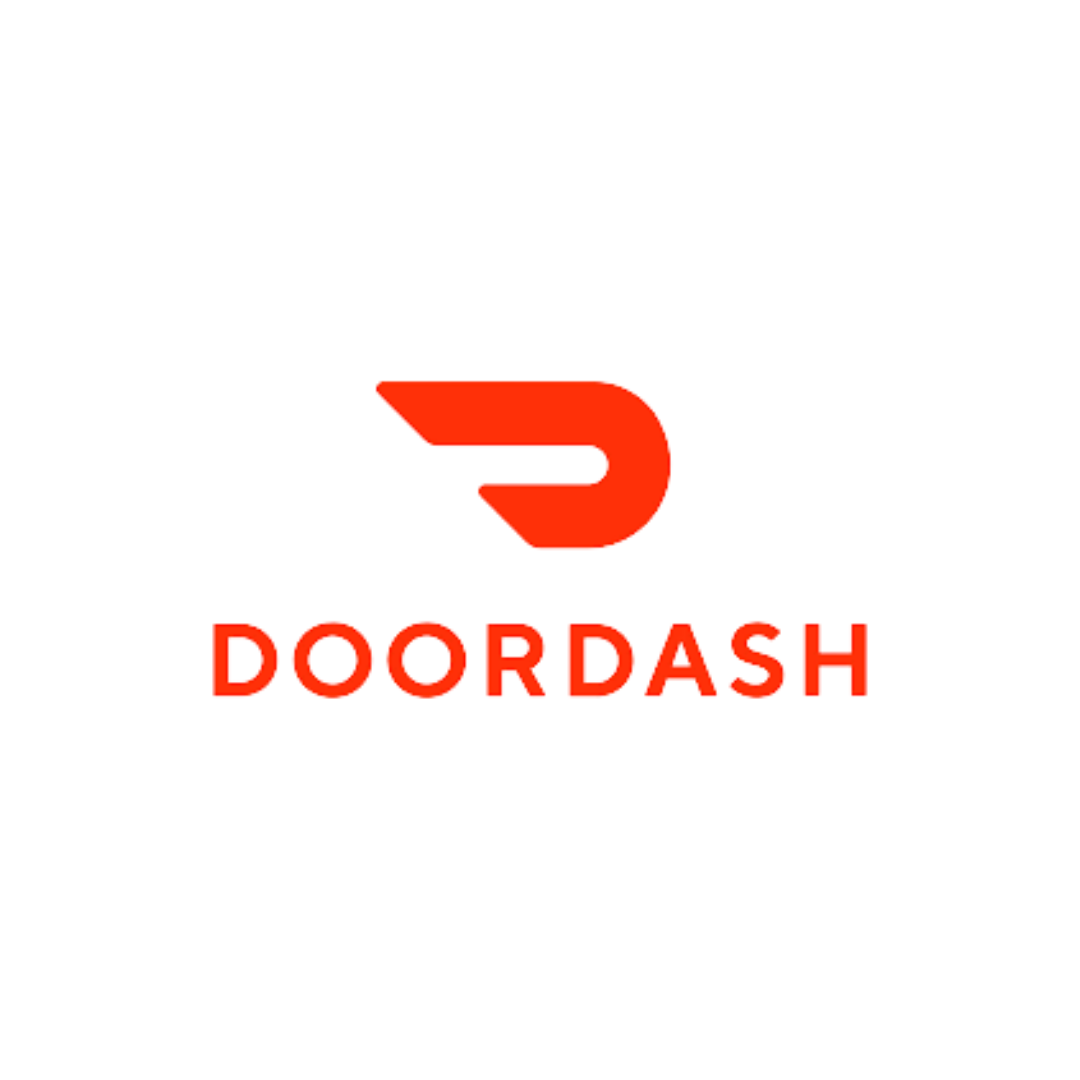 The doordash logo is red and white on a white background.