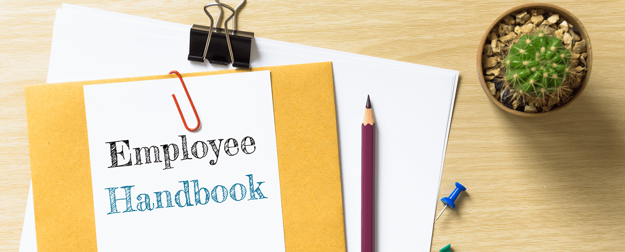 Employee handbook on a clipboard beside a pencil and small potted plant on a desk