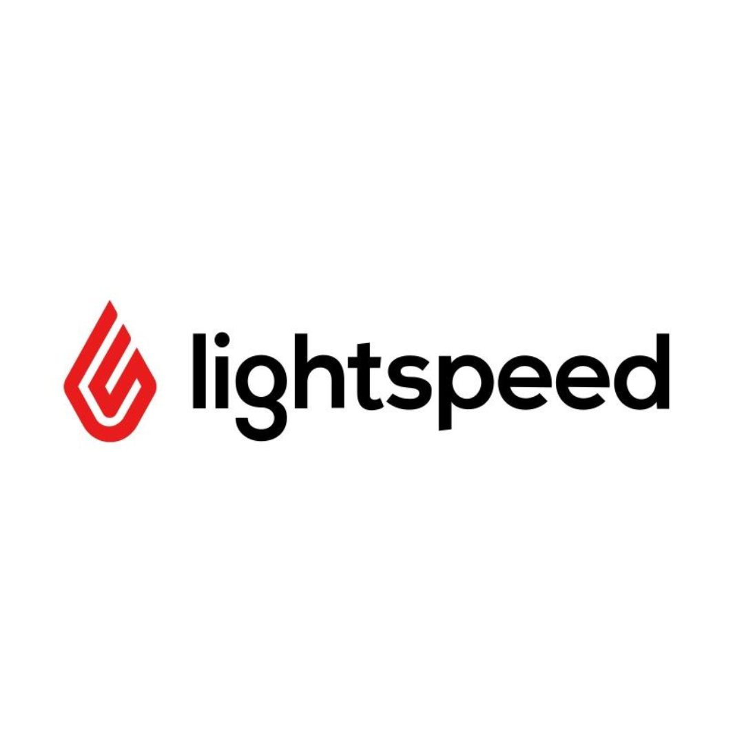 A lightspeed logo with a red flame on a white background.