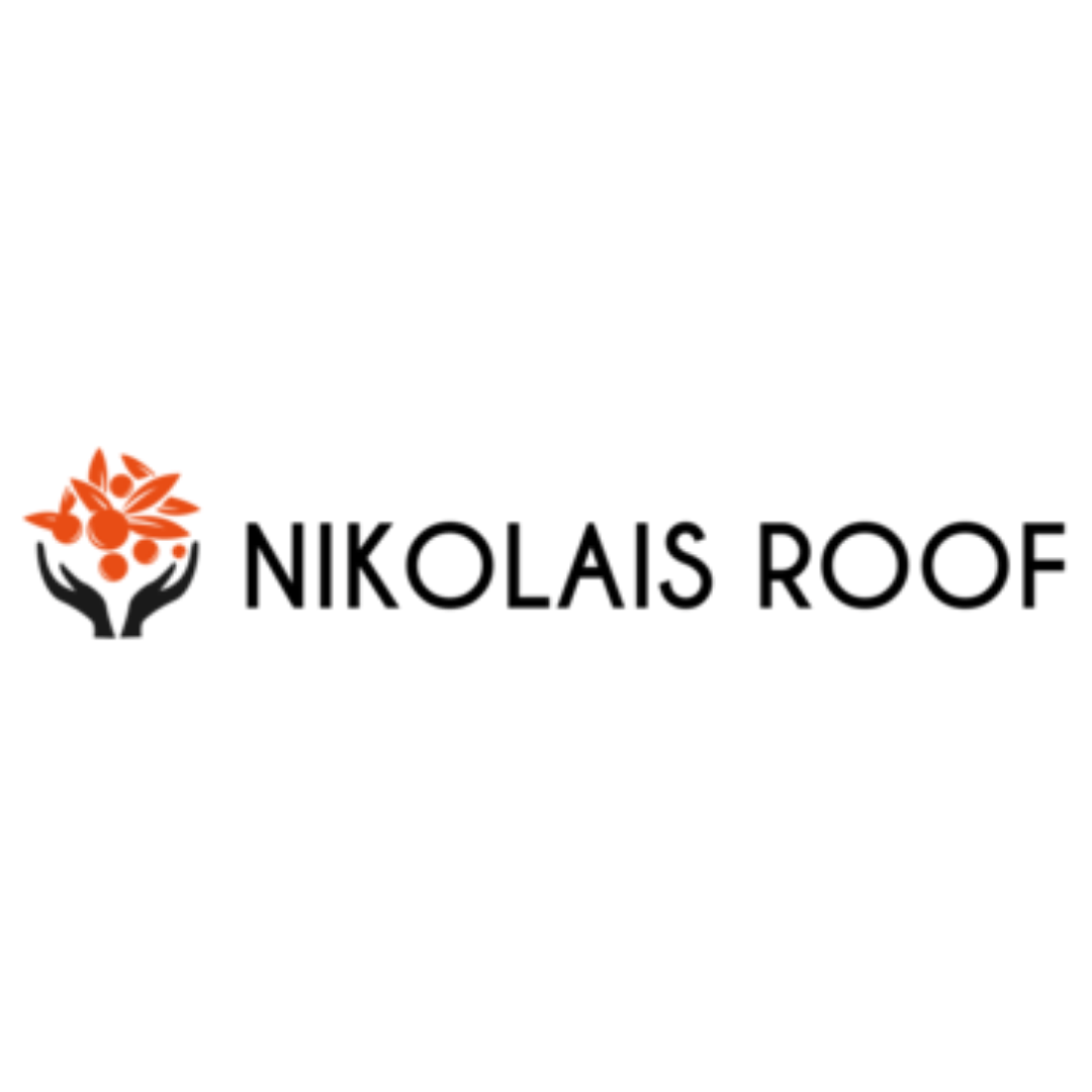A logo for nikolais roof with two hands holding a flower.