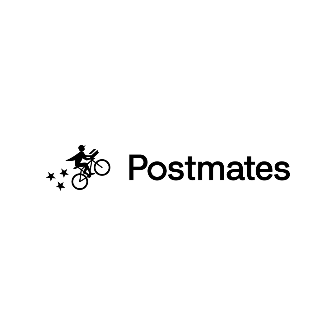 The postmates logo is black and white and shows a person riding a bike.