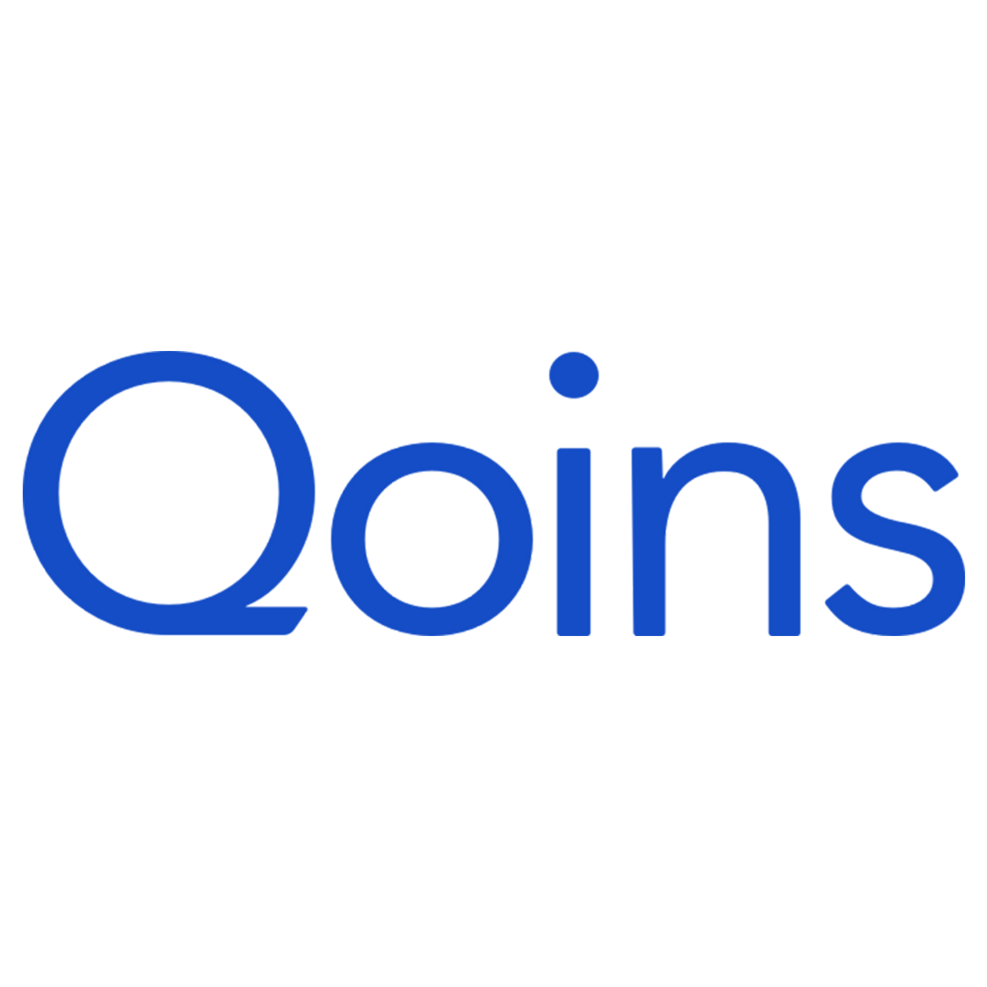 The qoins logo is blue and white on a white background.
