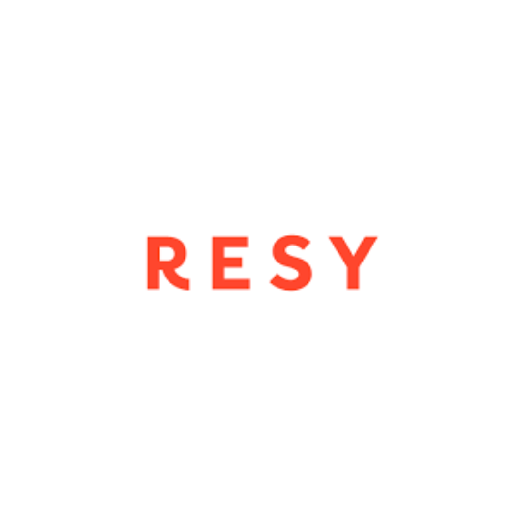 The word resy is written in red on a white background.