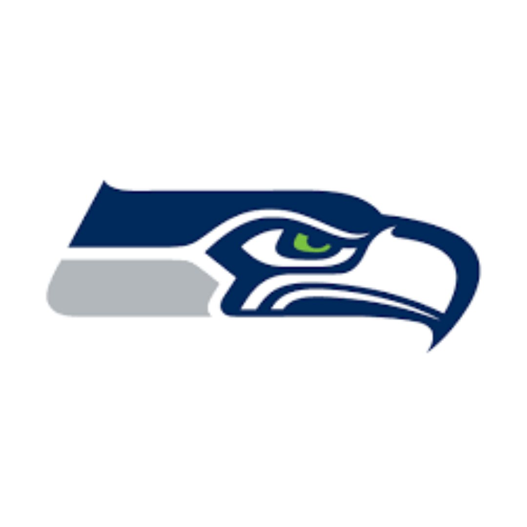 The seattle seahawks logo is a blue and gray eagle with a green eye.