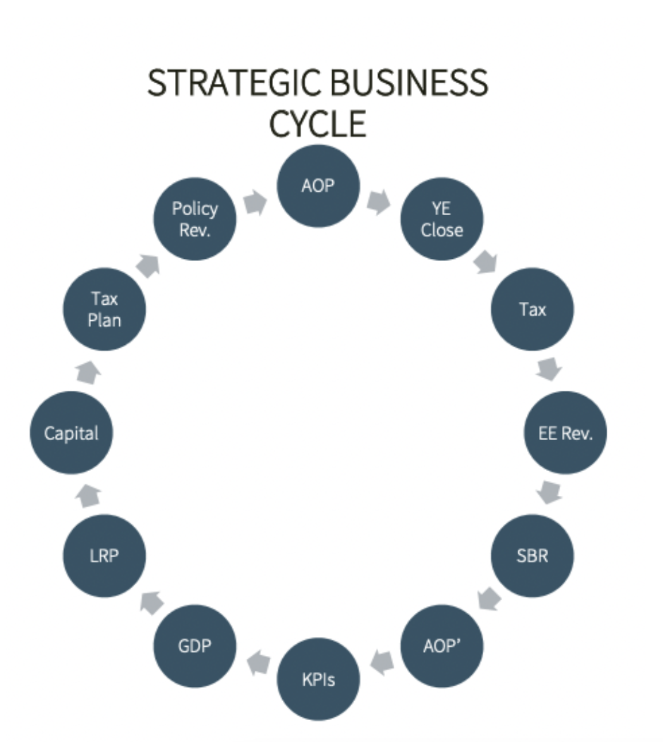 A diagram of a strategic business cycle with circles and arrows.