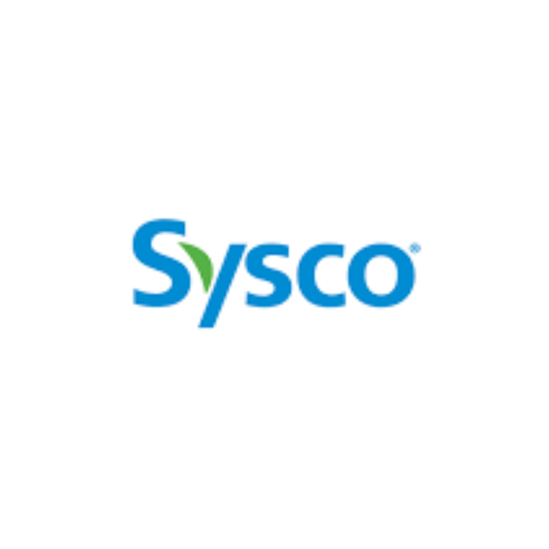 A blue and green sysco logo on a white background