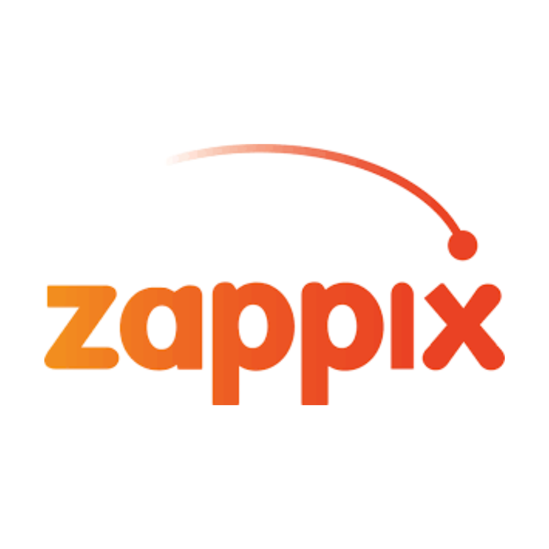 "Zappix" logo: orange text with an upward curving red line and dot above it on a white background.