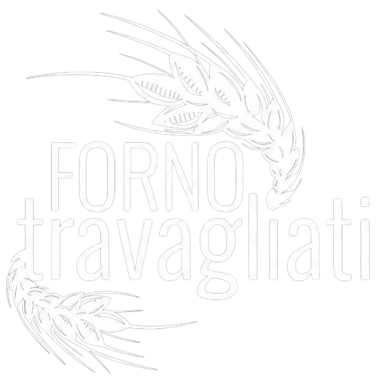 Logo bianco in rilievo con la scritta “FORNO travagliati” e motivi di spighe di grano.