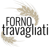 Logo per Forno Travagliati con ghirlanda di spighe di grano beige su sfondo bianco.