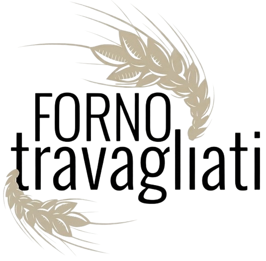 Logo per Forno Travagliati con ghirlanda di spighe di grano beige su sfondo bianco.