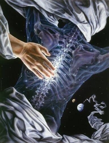 Hand reaching towards luminescent spine, cosmic background, ethereal figure.
