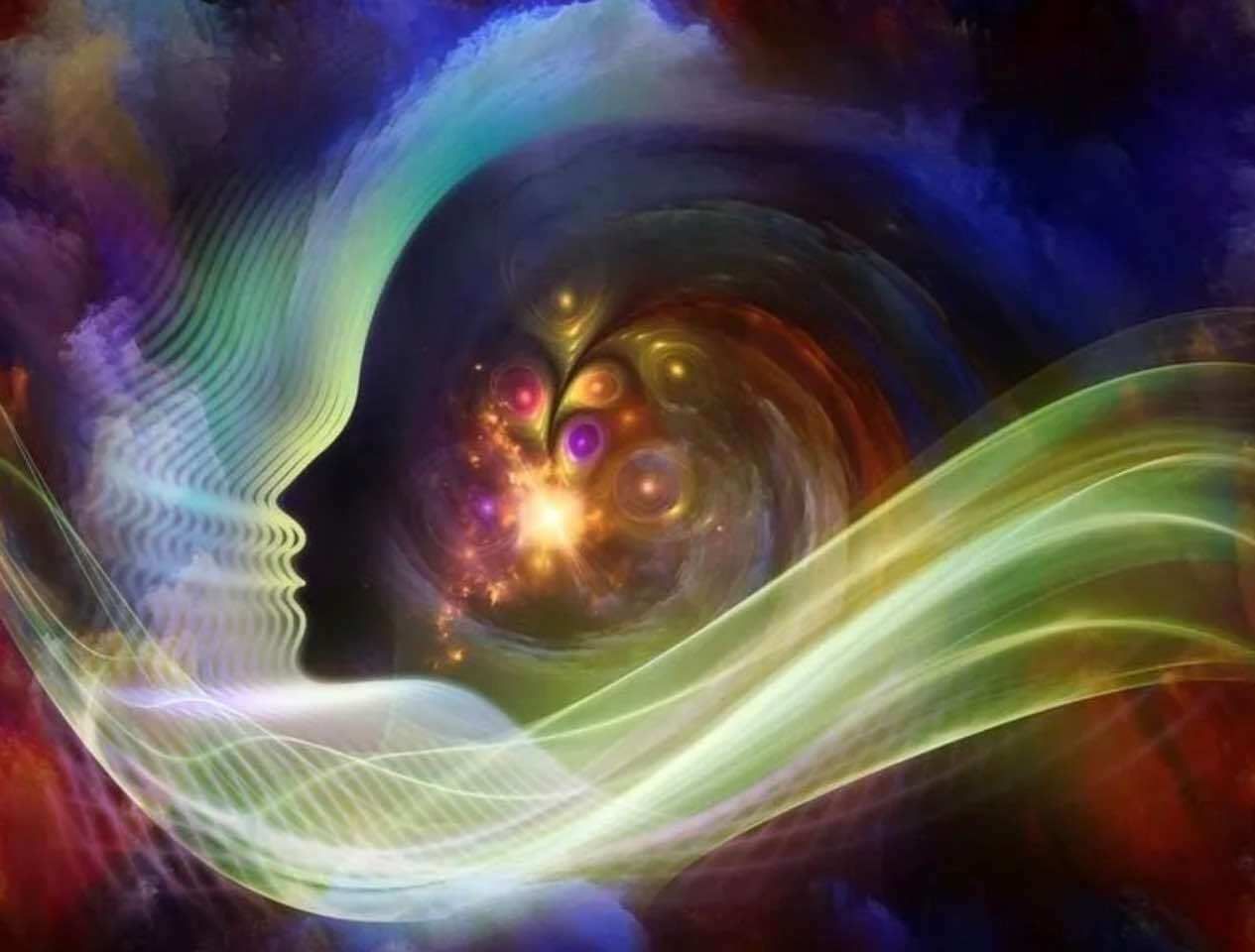 Woman with cosmic projection on body, arms raised. Bright light radiates from her form, against a dark background.