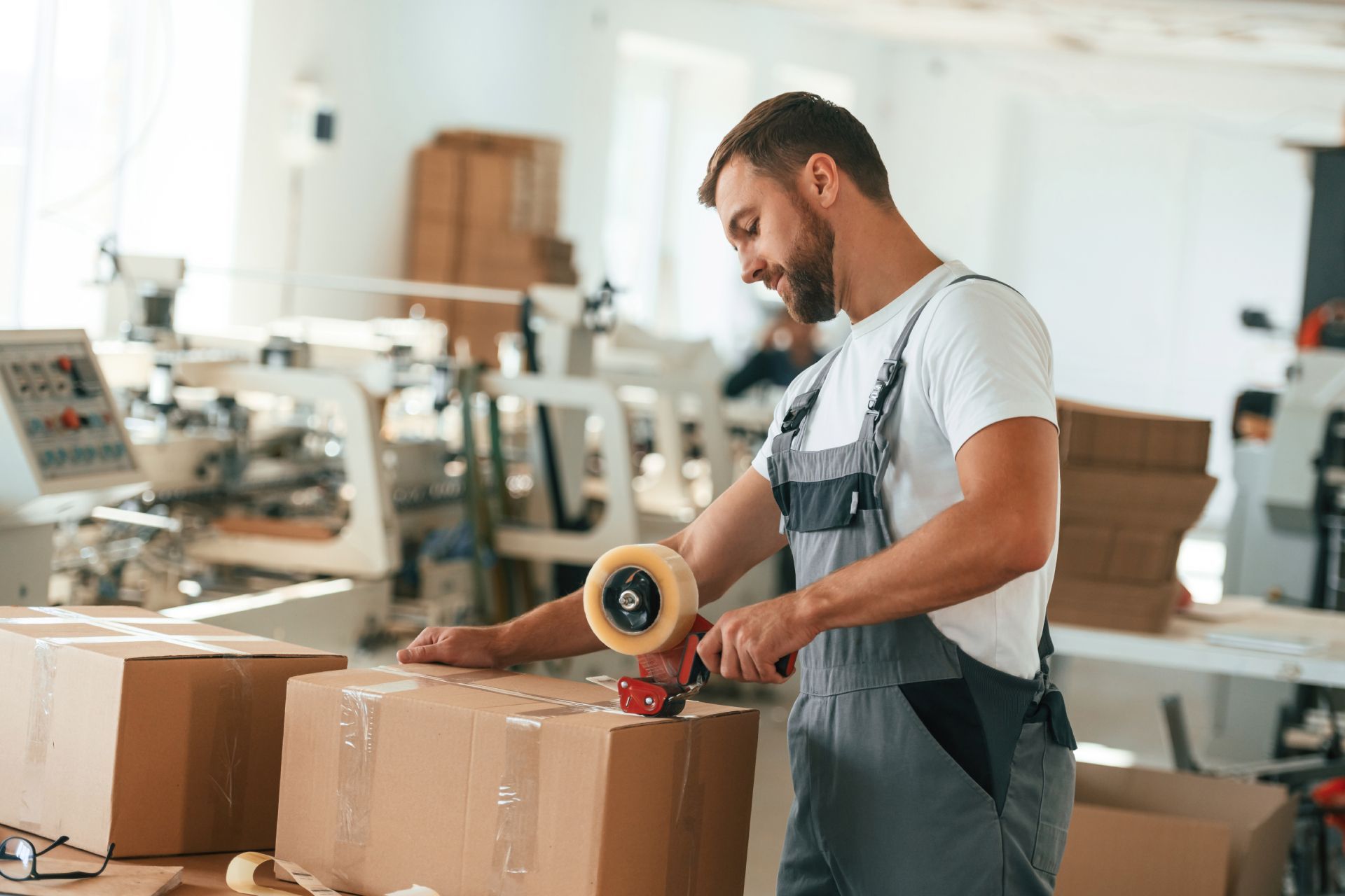 Worker sealing a cardboard box with tape in a bright packing workshop