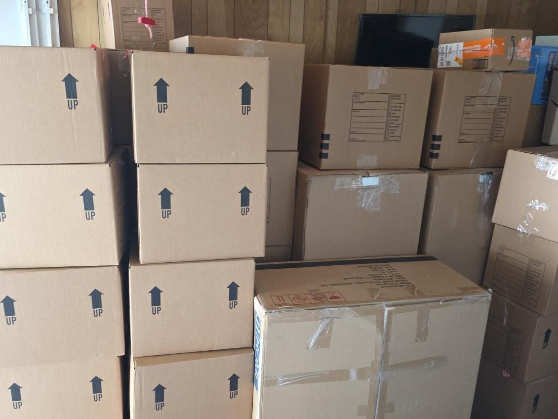 Person packing boxes in a sunlit room with a ladder, plant, and moving supplies