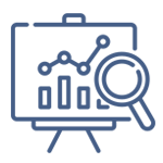 A line icon of a board with a graph and a magnifying glass.