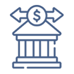 Un dibujo lineal de un banco con flechas que apuntan en direcciones opuestas y un signo de dólar en la parte superior.