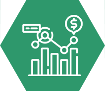 Un hexágono verde con un icono de línea de un gráfico y un signo de dólar.