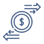 Una moneda con un signo de dólar y dos flechas apuntando en direcciones opuestas.