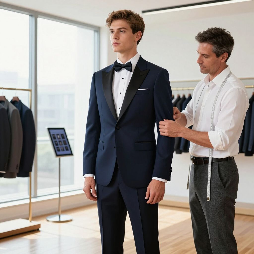 Tailor measuring the arm of a person in a navy tuxedo. Interior setting.