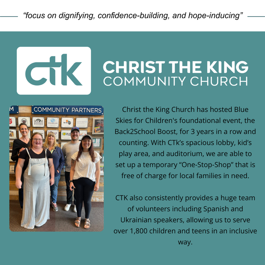 Christ the King Community Church logo and text, with group photo and information about community services.