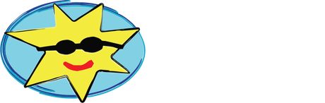 Logo: yellow sun wearing sunglasses with a smiling red mouth, in a blue oval, text