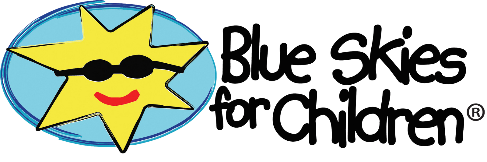 Logo for Blue Skies for Children, featuring a yellow star with sunglasses in a blue oval, and black text.