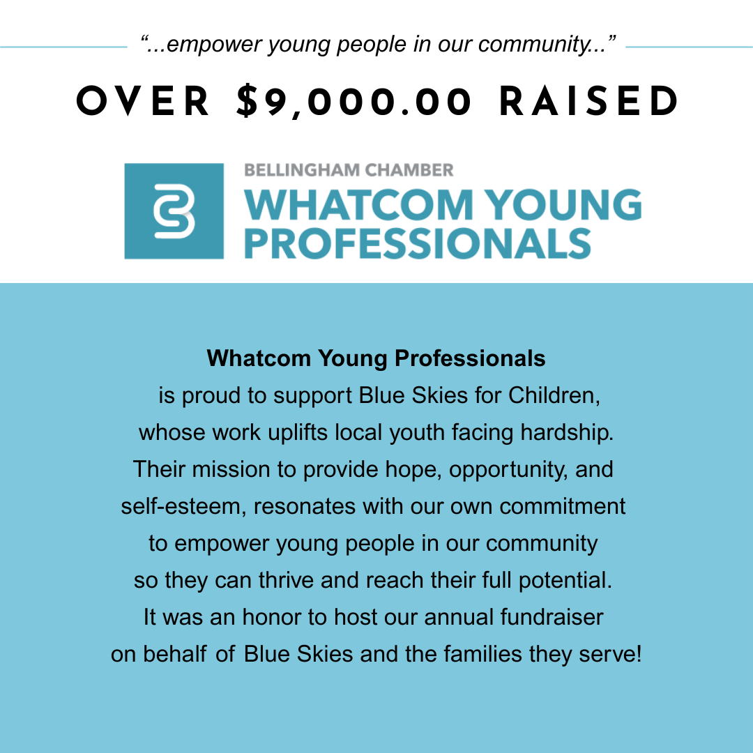 Whatcom Young Professionals raised over $9,000 for Blue Skies for Children. Text on a blue background.