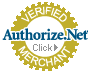 Authorize.Net Verified Merchant seal with dark blue text on a gold gear-shaped background.