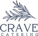 Logo for Crave Catering featuring a sprig of leaves above the company name in blue.