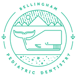 Logo for Bellingham Pediatric Dentistry, featuring whale, mountains, and anchors, in teal.
