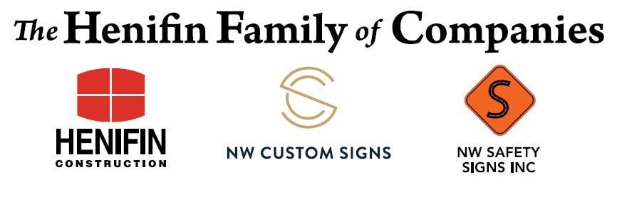 Logos for Henifin Construction, NW Custom Signs, and NW Safety Signs Inc.