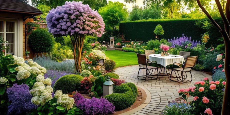 Backyard with lush green lawn, fire pit, stone path, pond, and wooded area.
