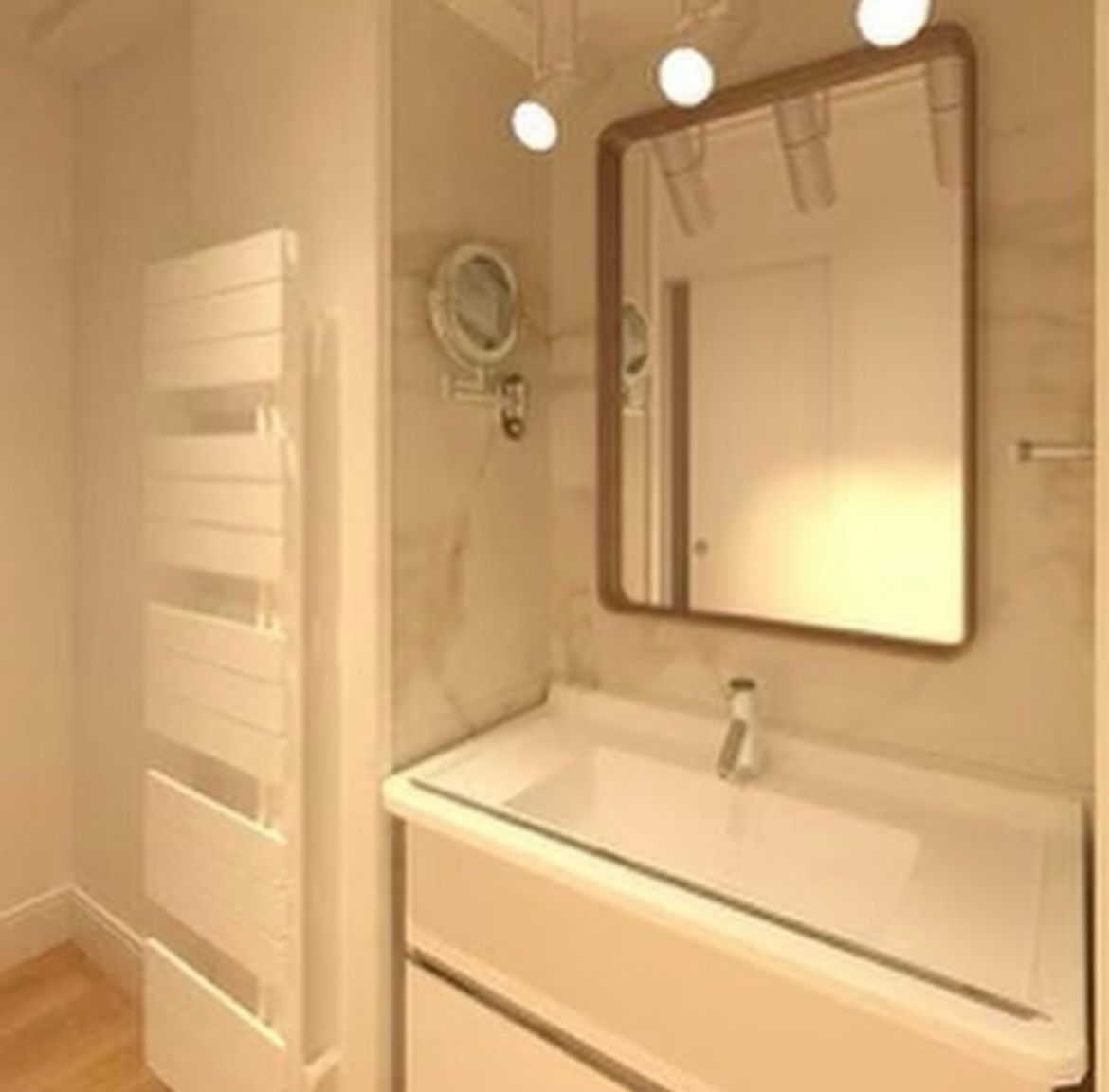 une salle de bain avec un lavabo un miroir et un porte serviette