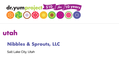 Dr. Yum Project logo and information for Nibbles & Sprouts, LLC in Salt Lake City, Utah.