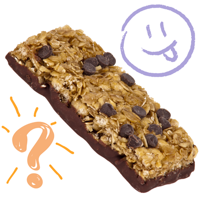 Granola bar with chocolate chips, question mark, and smiling face.