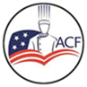 ACF logo: chef silhouette in front of an American flag design; black circle outline.