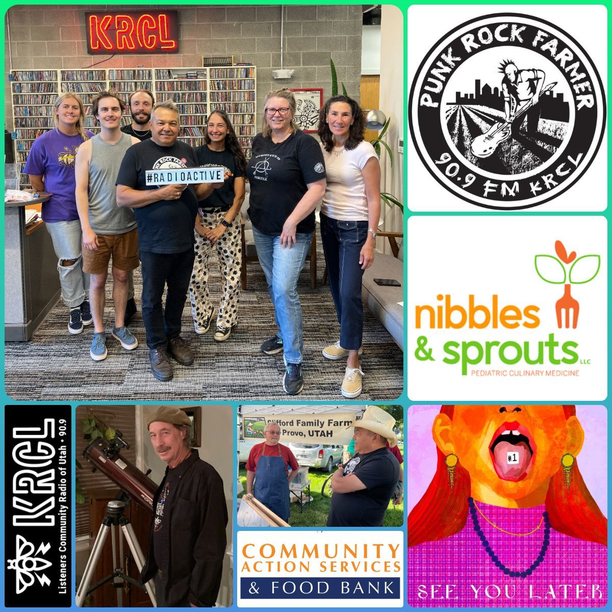 Group photo holding a sign in front of a radio station sign, plus logos for Punk Rock Farmer, Nibbles & Sprouts, and Community Action Services.